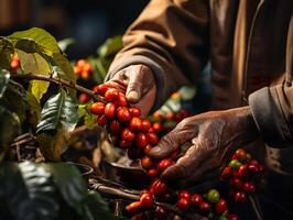 ai generiert Hand pflücken Kaffee Nahansicht generativ ai foto