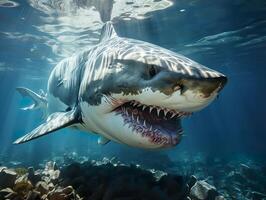 ai generiert Hai mit öffnen Mund schwimmt unter Wasser generativ ai foto