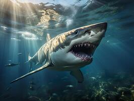 ai generiert Hai mit öffnen Mund schwimmt unter Wasser generativ ai foto