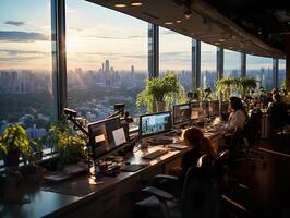 ai generiert Arbeit im ein groß Büro beim Sonnenuntergang generativ ai foto