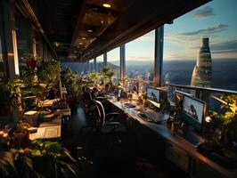 ai generiert Arbeit im ein groß Büro beim Sonnenuntergang generativ ai foto