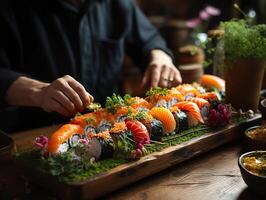 ai generiert Sushi auf hölzern Tafel verschwommen Hintergrund generativ ai foto