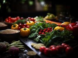 ai generiert sortiert Gemüse und Früchte auf ein dunkel Hintergrund generativ ai foto