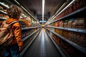 ai generiert Vitrinen mit Produkte im das Supermarkt generativ ai foto