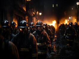 ai generiert Feuerwehrleute auf das Hintergrund von Feuer generativ ai foto