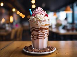 ai generiert Milchshake auf hölzern Tabelle generativ ai foto