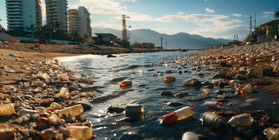 ai generiert Umwelt Verschmutzung Wasser Verschmutzung Plastik Flaschen Packungen generativ ai foto