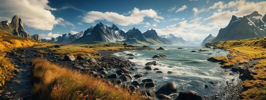 ai generiert Berg Landschaft Berge Fluss Blau Himmel generativ ai foto