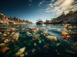 ai generiert Umwelt Verschmutzung Wasser Verschmutzung Plastik Flaschen Packungen generativ ai foto