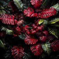 ai generiert schön rot Urwald von üppig Palme Blätter generativ ai foto