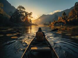 ai generiert ein Mann im ein Kajak schwimmt entlang das Fluss gegen das Hintergrund von Berge generativ ai foto