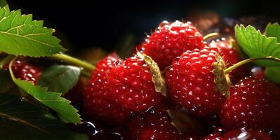 ai generiert Himbeeren auf das Geäst im das Tau generativ ai foto