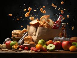 ai generiert Papier Tasche mit fliegend Produkte Lebensmittel online Lebensmittelgeschäft Lieferung generativ ai foto