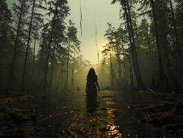 ai generiert zurück Aussicht von ein Reisender im das Wald gegen das Hintergrund von Sonnenuntergang generativ ai foto