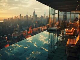 ai generiert Penthouse mit Schwimmen Schwimmbad mit Blick auf das Stadt generativ ai foto
