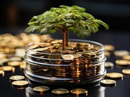 ai generiert Geld Baum auf das Hintergrund von Münzen generativ ai foto