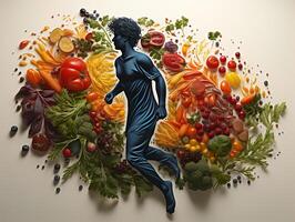 ai generiert Silhouette von ein Mann Laufen auf das Hintergrund von Gemüse und Früchte gesund Essen generativ ai foto