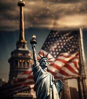 ai generiert Statue von Freiheit gegen das Hintergrund von das Sonnenuntergang Stadt generativ ai foto