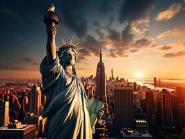 ai generiert Statue von Freiheit gegen das Hintergrund von das Sonnenuntergang Stadt generativ ai foto