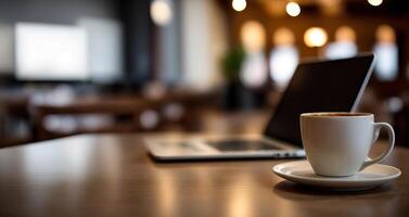 ai generiert Tasse von Kaffee und Laptop generativ ai foto