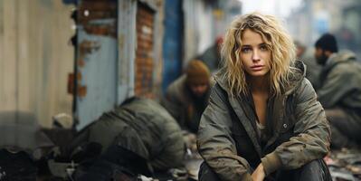 ai generiert obdachlos Frau Sitzung auf das Straße generativ ai foto