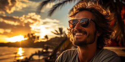 ai generiert Mann im Sonnenbrille auf das Hintergrund von das azurblau Strand generativ ai foto