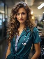 ai generiert weiblich Arzt im ein Mantel mit ein Stethoskop generativ ai foto