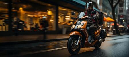 ai generiert Lieferung um das Stadt durch Motorrad generativ ai foto