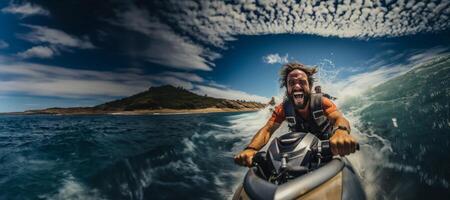ai generiert glücklich Mann auf ein Jet Ski generativ ai foto