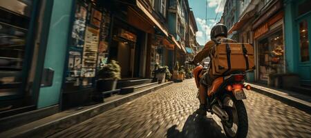 ai generiert Lieferung um das Stadt durch Motorrad generativ ai foto