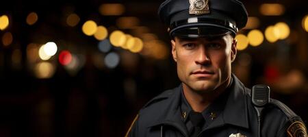 ai generiert Polizist im Uniform auf ein Stadt Straße generativ ai foto