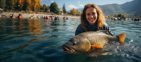 ai generiert weiblich Fischer halten Fisch im seine Hände generativ ai foto