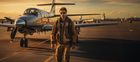 ai generiert Pilot auf das Runway mit ein Flugzeug im das Hintergrund generativ ai foto