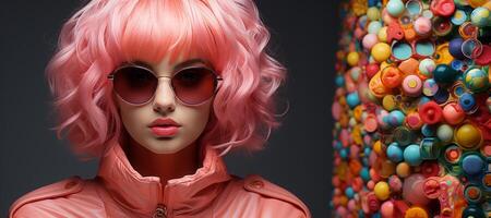 ai generiert Nahansicht Porträt von ein Mode Mädchen im Sonnenbrille generativ ai foto