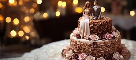 ai generiert Hochzeit Kuchen mit zahlen von das Braut und Bräutigam auf ein verschwommen Hintergrund generativ ai foto