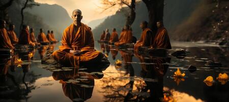 ai generiert Buddhist Mönch im Lotus Position meditieren generativ ai foto
