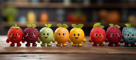 ai generiert glücklich gesund Gemüse Früchte im ein Reihe.Cartoon Gemüse generativ ai foto