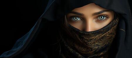 ai generiert Augen von ein schön Mädchen im ein schwarz Hijab generativ ai foto