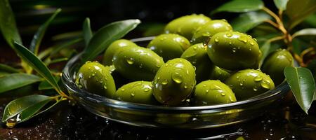 ai generiert Grün Oliven auf ein verschwommen Hintergrund generativ ai foto