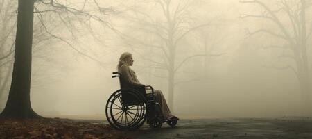 ai generiert Frau im ein Rollstuhl im das Park generativ ai foto