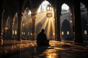 ai generiert Muslim beten im das Tempel generativ ai foto