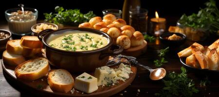 ai generiert köstlich Käse Fondue auf ein Lehm Teller generativ ai foto