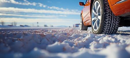 ai generiert Auto Rad auf ein schneebedeckt Straße Nahansicht generativ ai foto