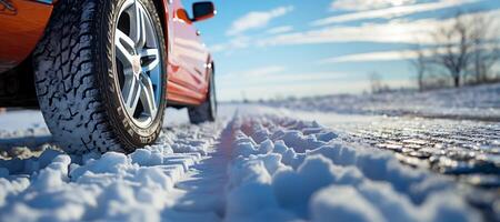 ai generiert Auto Rad auf ein schneebedeckt Straße Nahansicht generativ ai foto