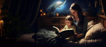 ai generiert Mama liest ein Bettzeit Geschichte zu ihr Kind generativ ai foto