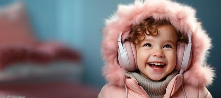 ai generiert glücklich Kind im Kopfhörer Hören zu Musik- Banner generativ ai foto