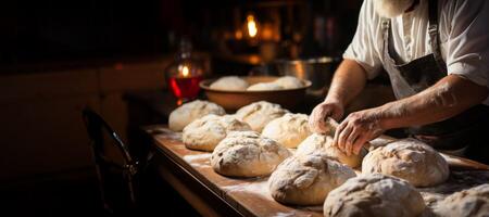 ai generiert Bäcker Hände Backen Brot Nahansicht Banner generativ ai foto