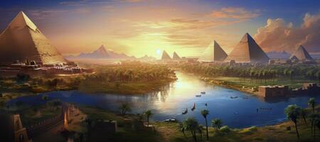 ai generiert Antiquität Pyramiden und Fluss gegen Sonnenuntergang Hintergrund generativ ai foto