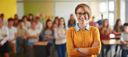 ai generiert Schule Lehrer auf verschwommen Klassenzimmer Hintergrund Banner generativ ai foto