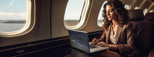 ai generiert Geschäft Frau auf ein Flugzeug mit ein Laptop Banner generativ ai foto